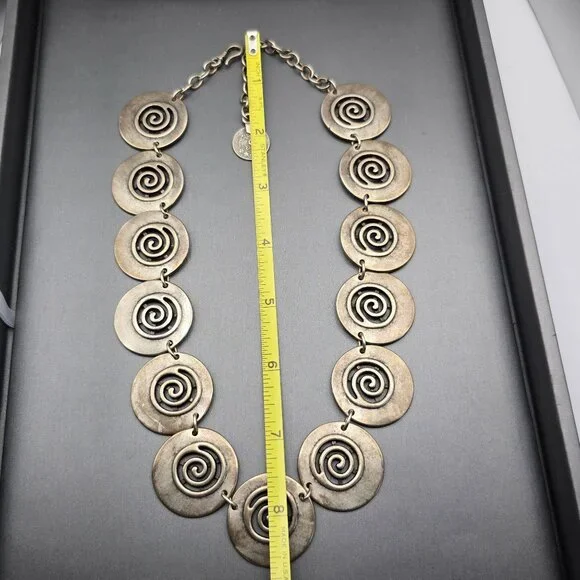 VTG Swirl Disc Medallion Statement Necklace 16" Antique Silver-Plate Adjustable - Picture 13 of 13